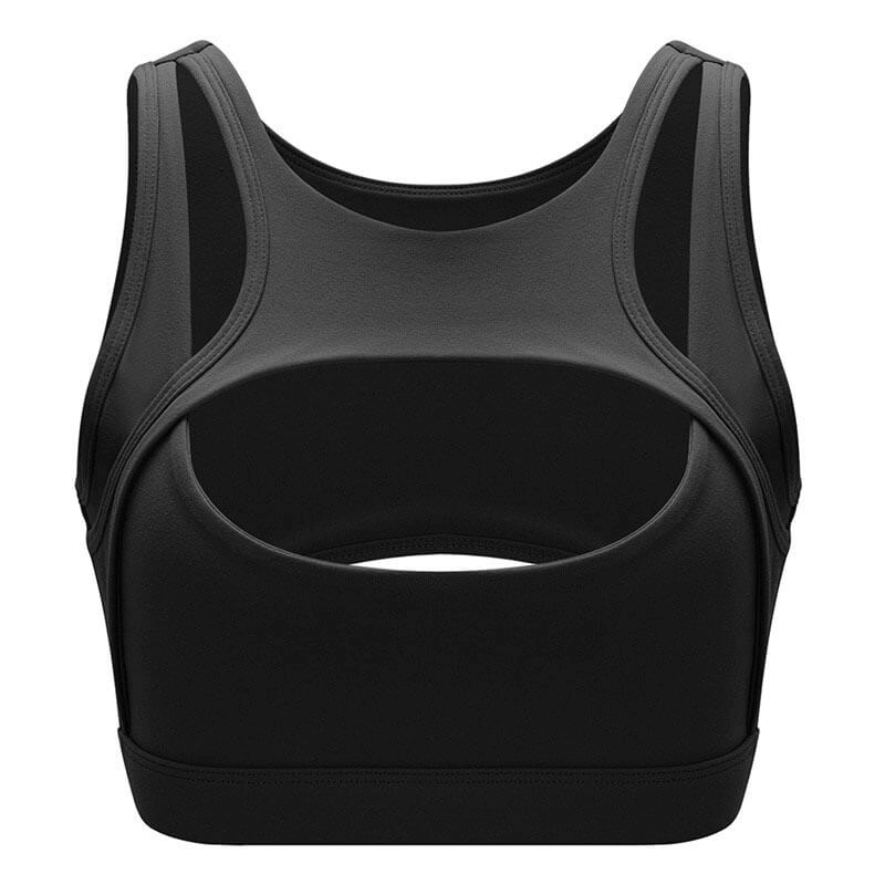 Black athletic women's sports bra for yoga and fitness, featuring quick-dry fabric and elastic fit for comfort during workouts.